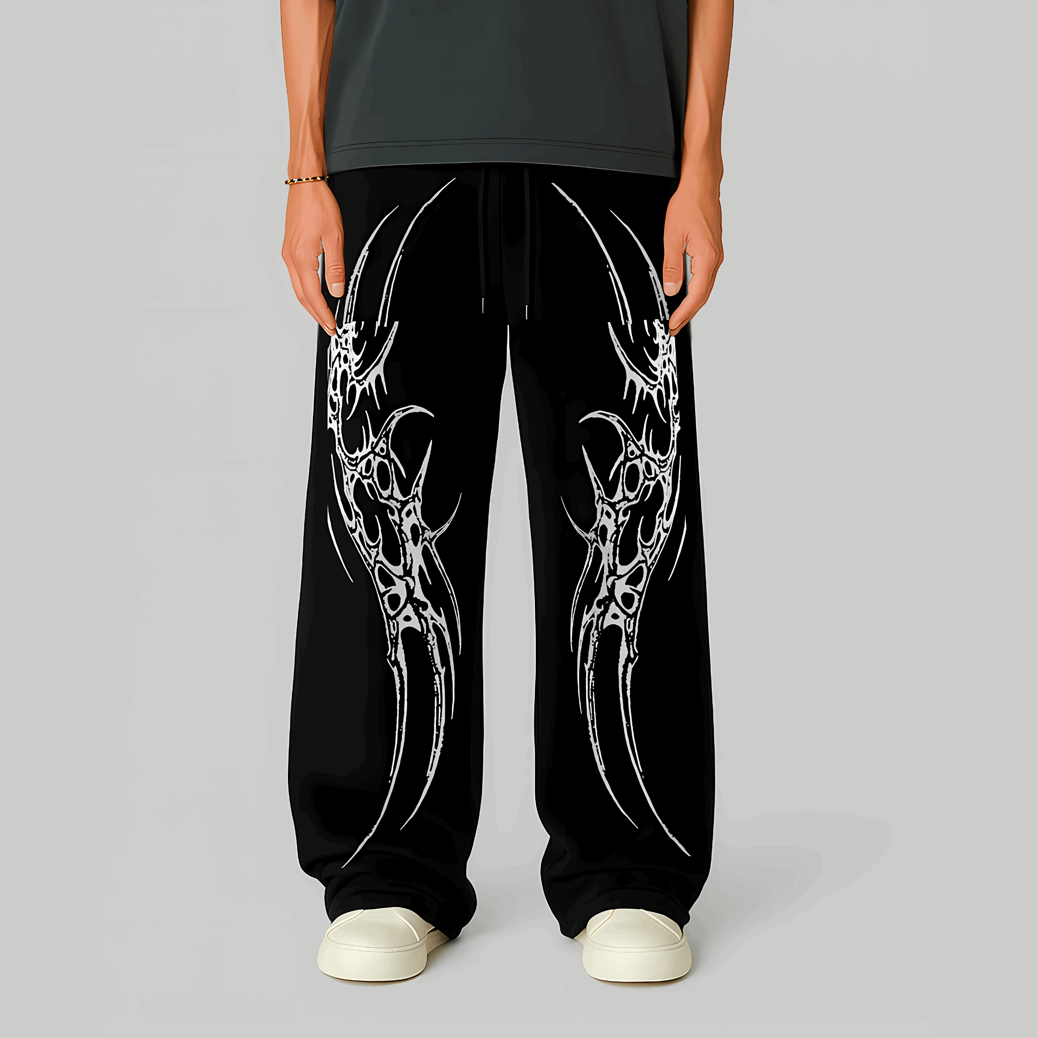 Nightstrike Tribal Pants – Black Oversized Graphic Joggers by
