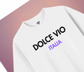White t-shirt with 'DOLCE VIO ITALIA' text on a gradient background