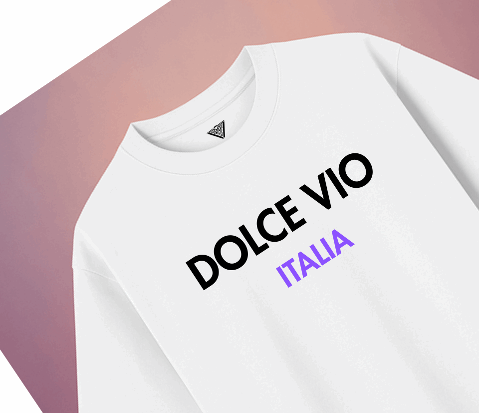 White t-shirt with 'DOLCE VIO ITALIA' text on a gradient background