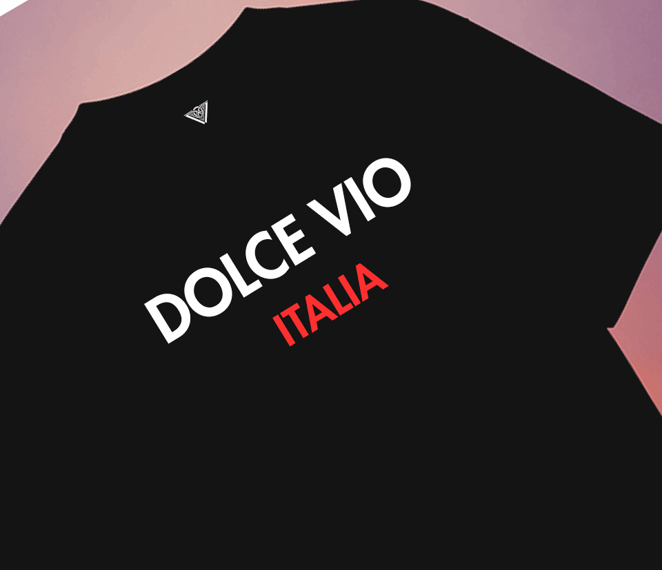 Black sweatshirt with 'DOLCE VIO ITALIA' text on a gradient background