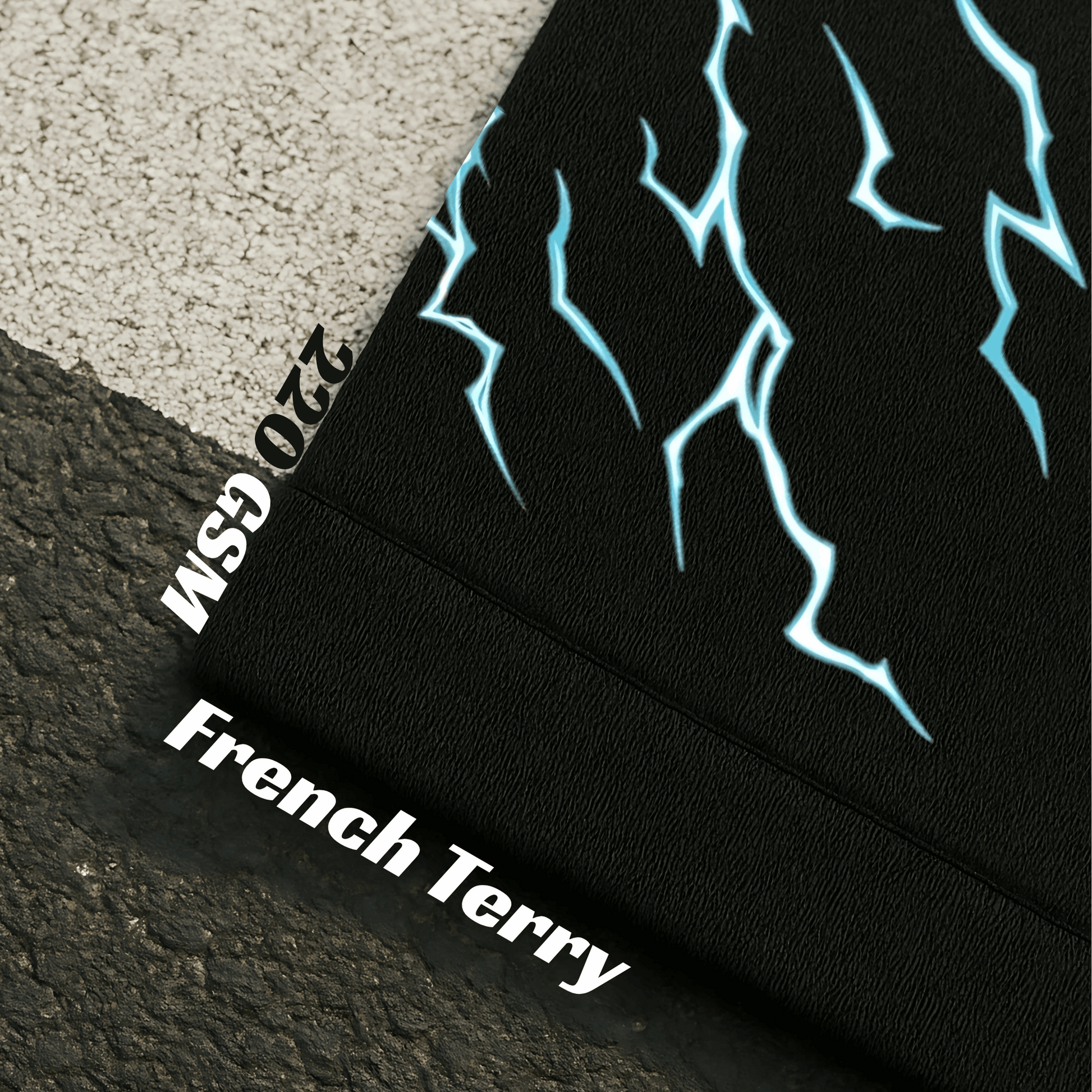 Black fabric with blue flame pattern and text indicating weight and fabric type.