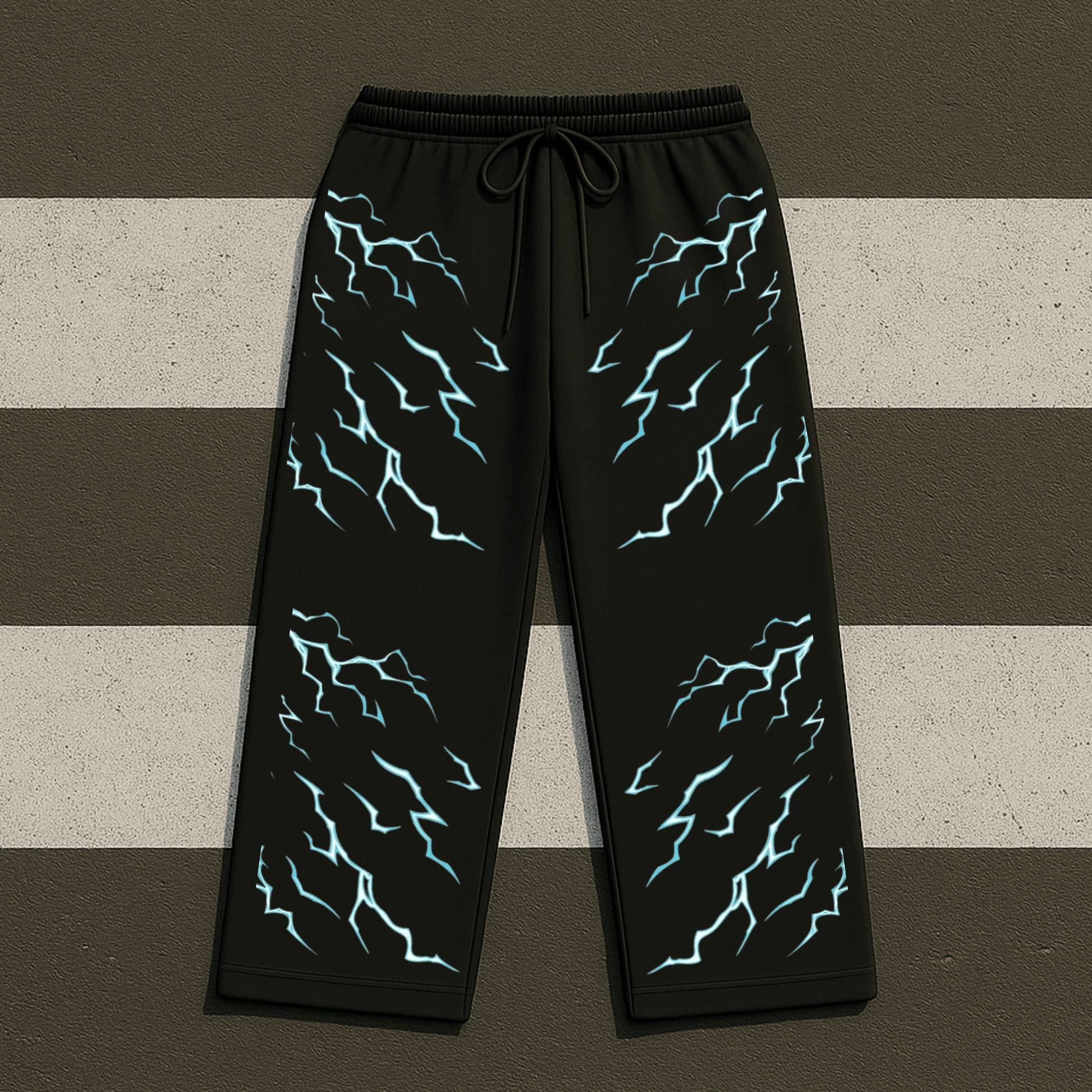 Black Sweatpants with blue lightning patterns on a striped background