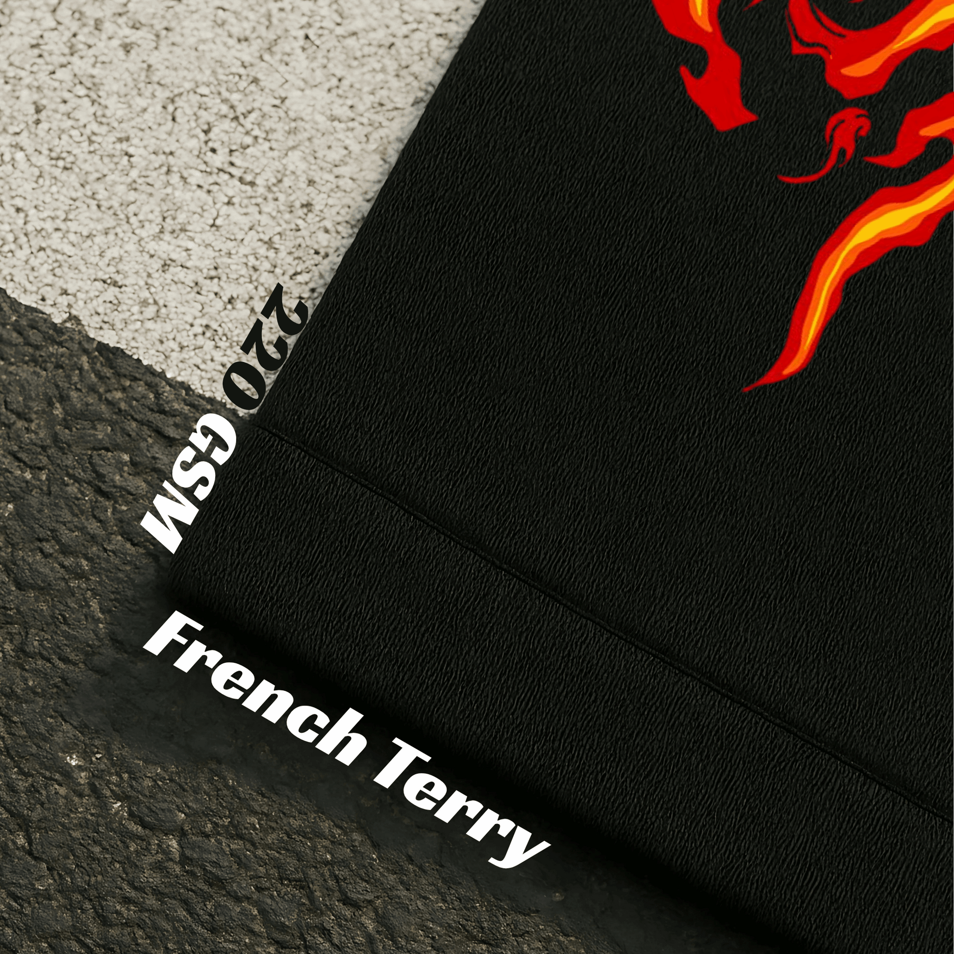 Black fabric with flame design and text indicating weight and fabric type.