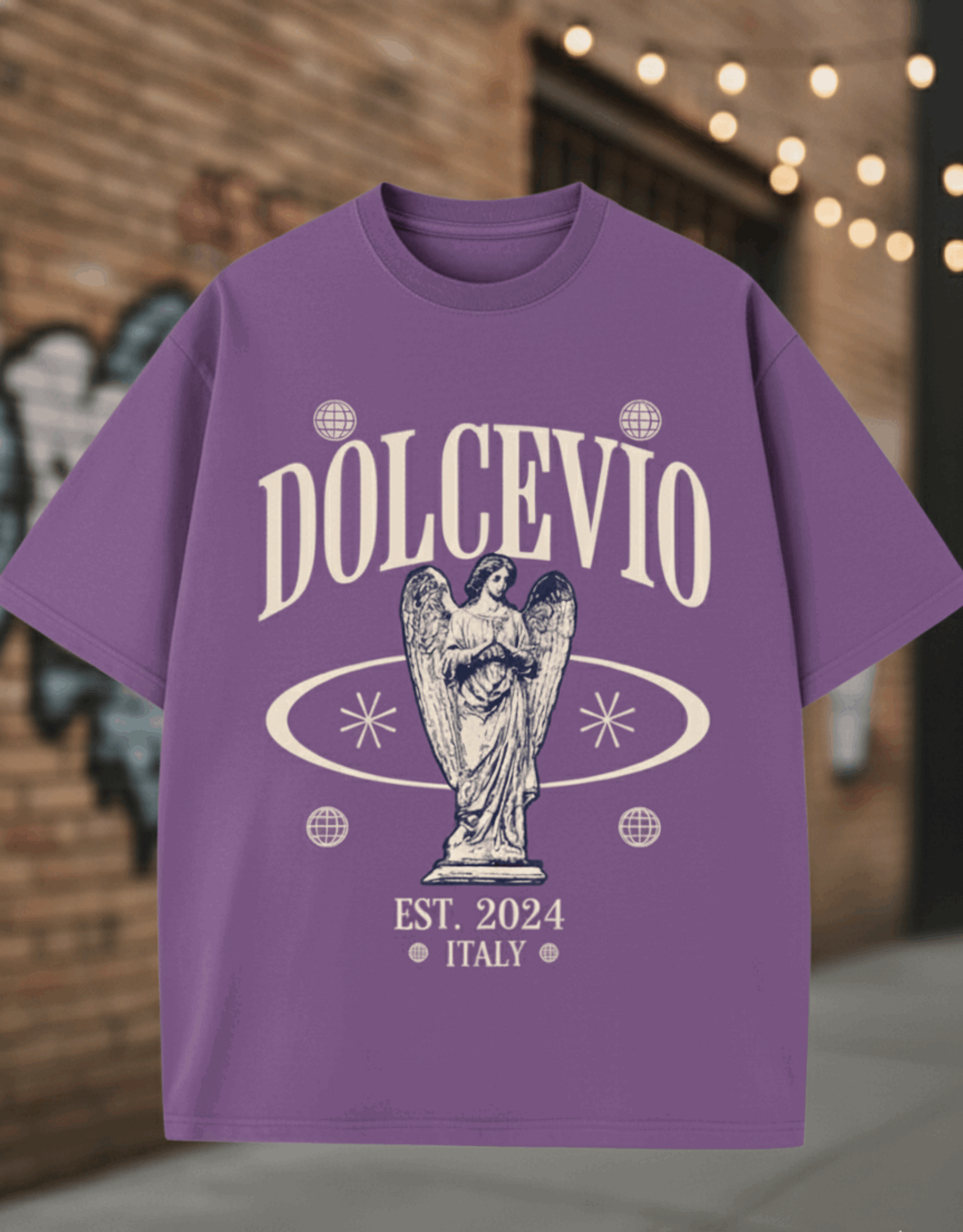 Purple t-shirt with 'Dolcevio' design on a blurred background