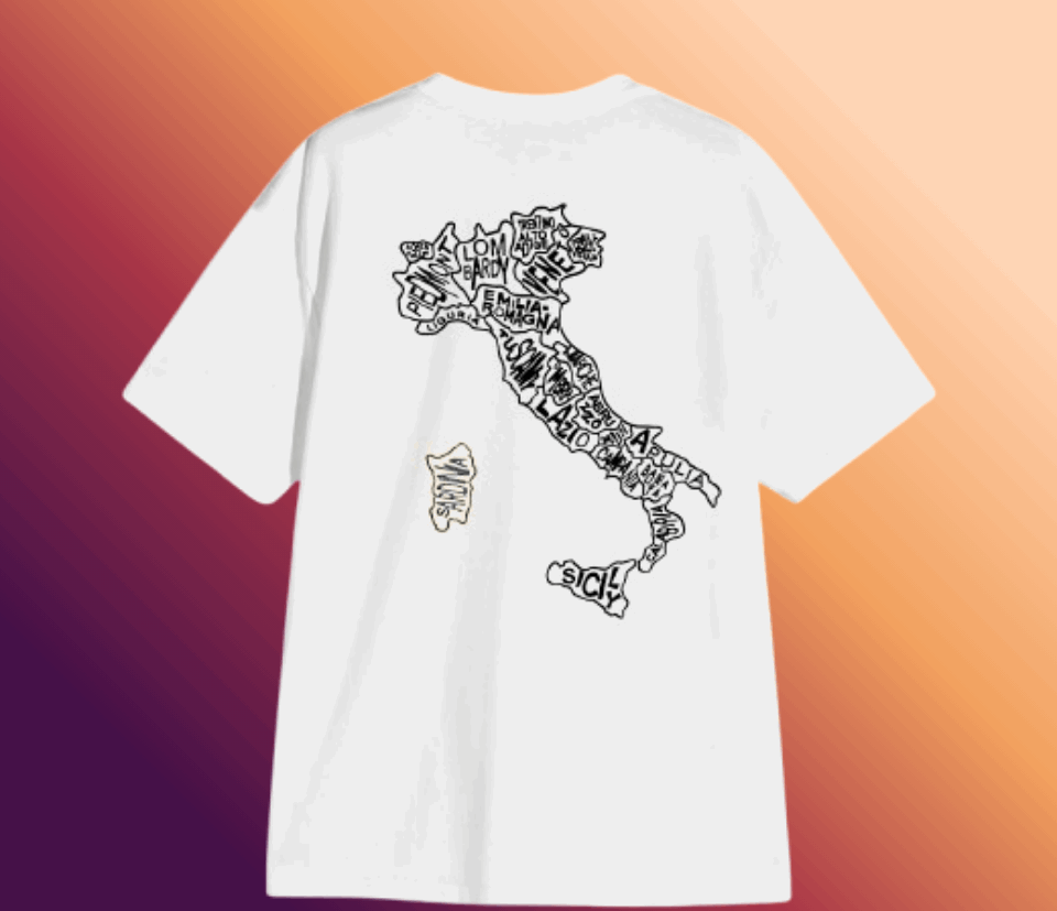 White t-shirt with a map design on the back against a gradient background