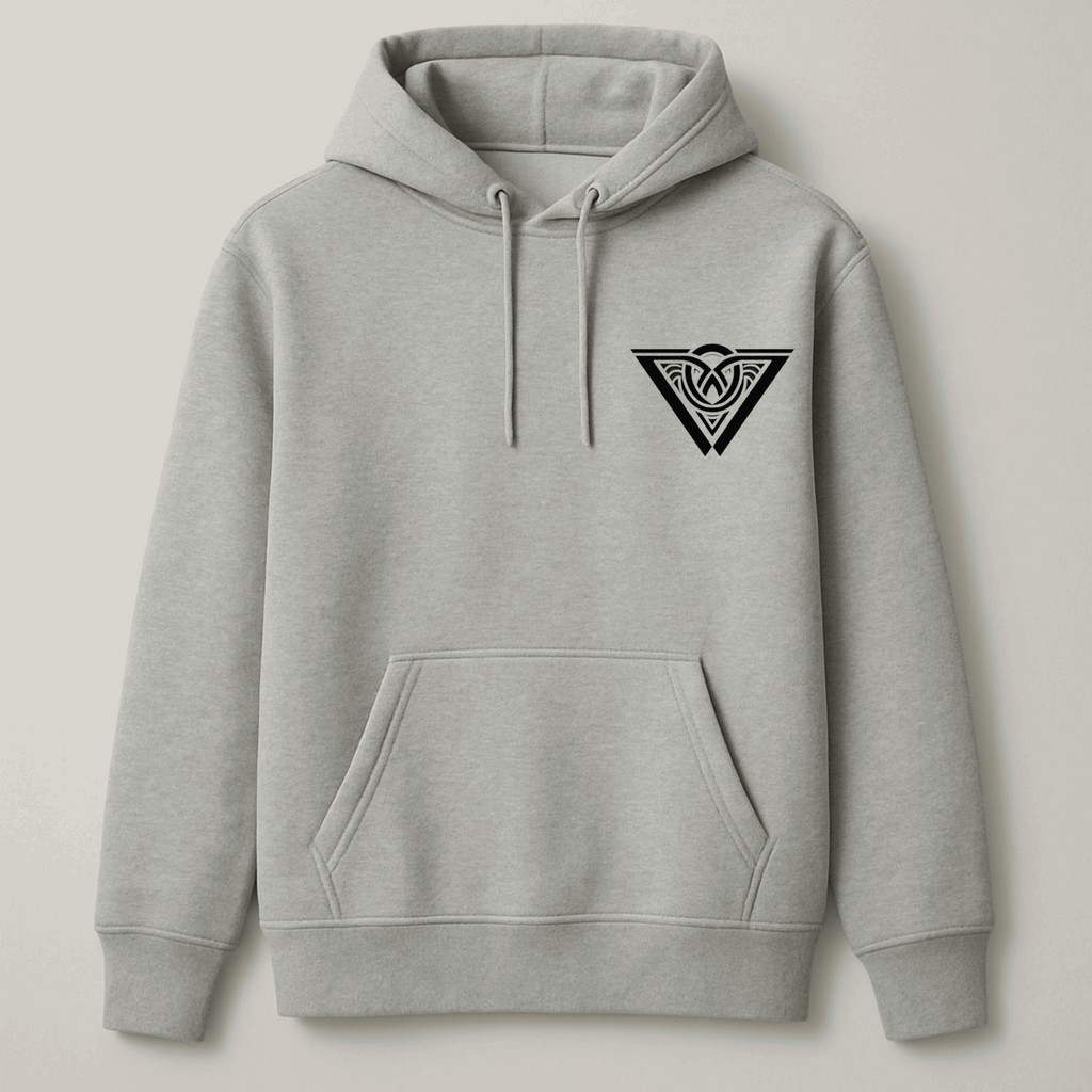 Gray hoodie with a black logo on a light gray background