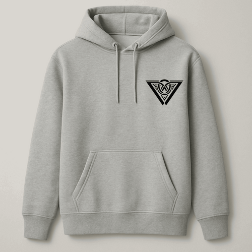 Gray hoodie with a black logo on a light gray background