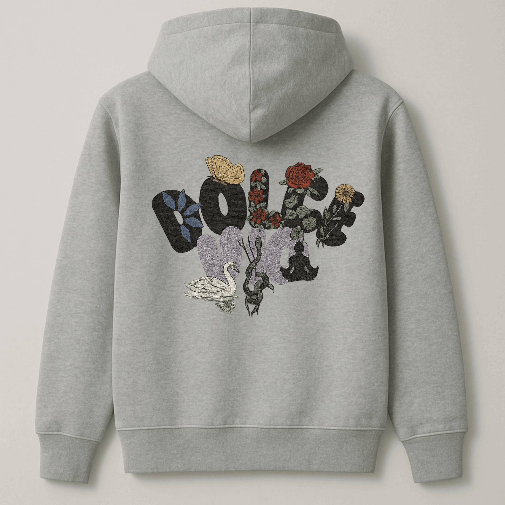Gray hoodie with colorful embroidered designs on the back against a light gray background