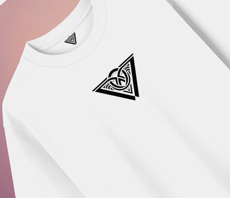 White t-shirt with a black triangle logo on a white background