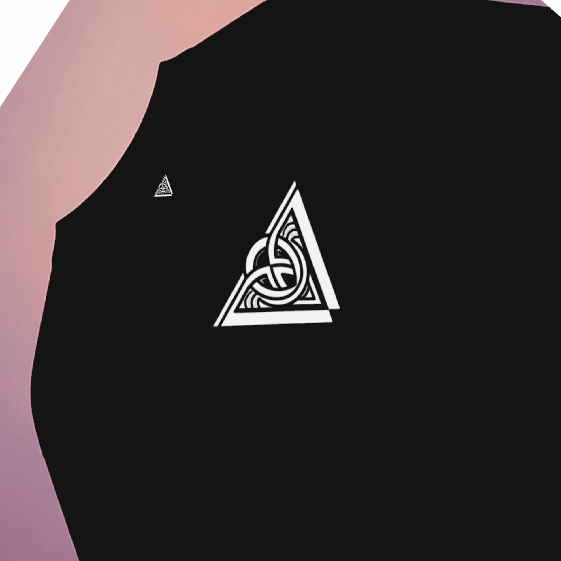 Black sweatshirt with a white triangle logo on a gradient background