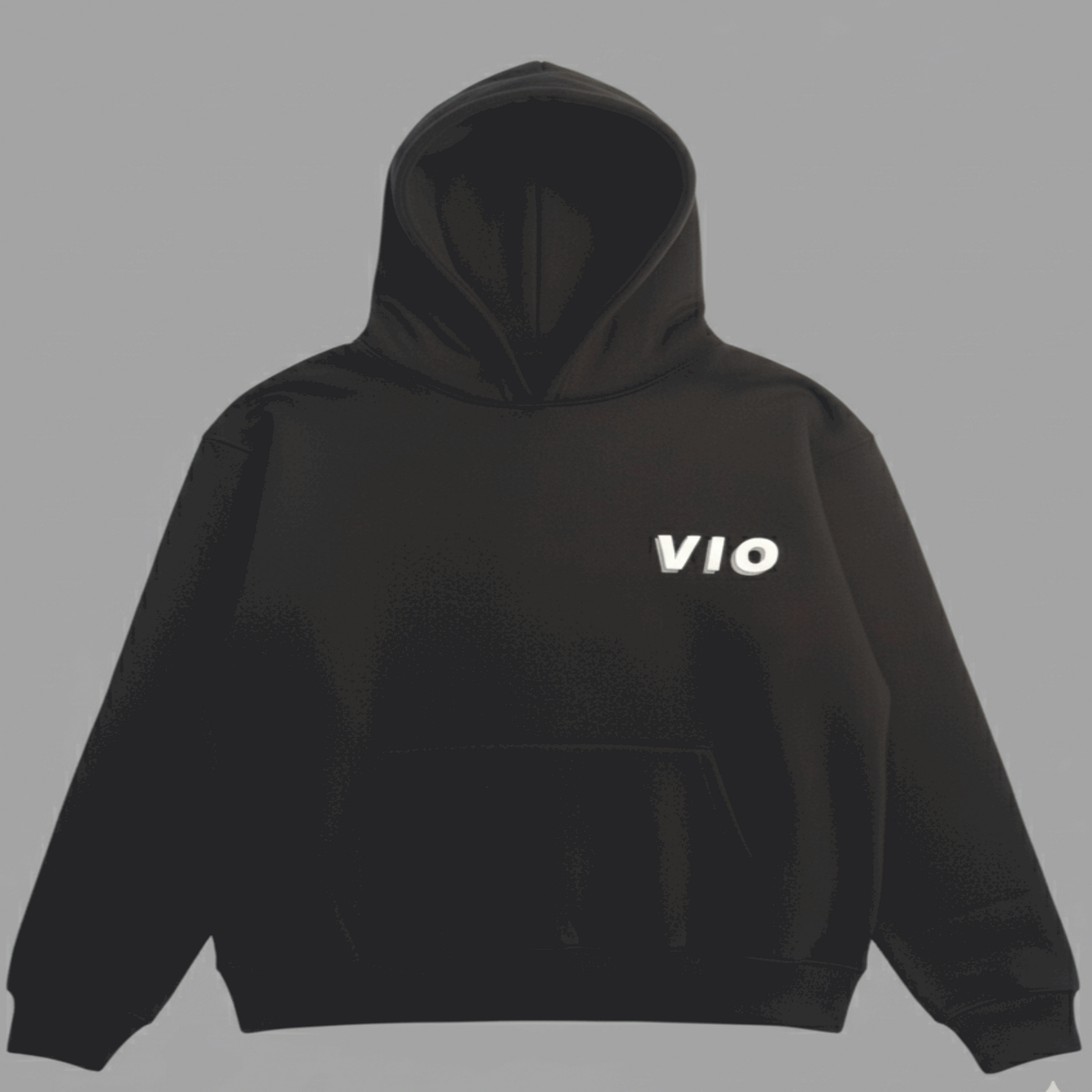 Black hoodie with 'VIO' logo on a gray background