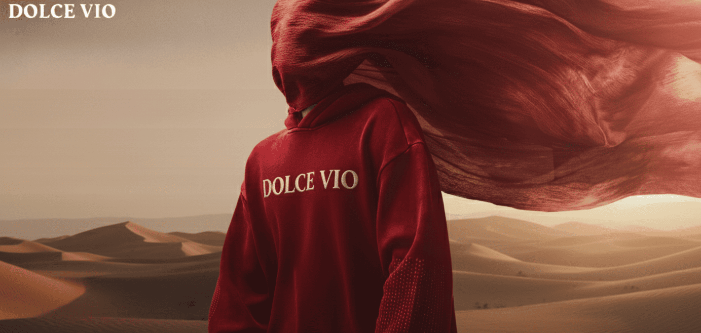 Person wearing a red hoodie with 'DOLCE VIO' text in a desert landscape