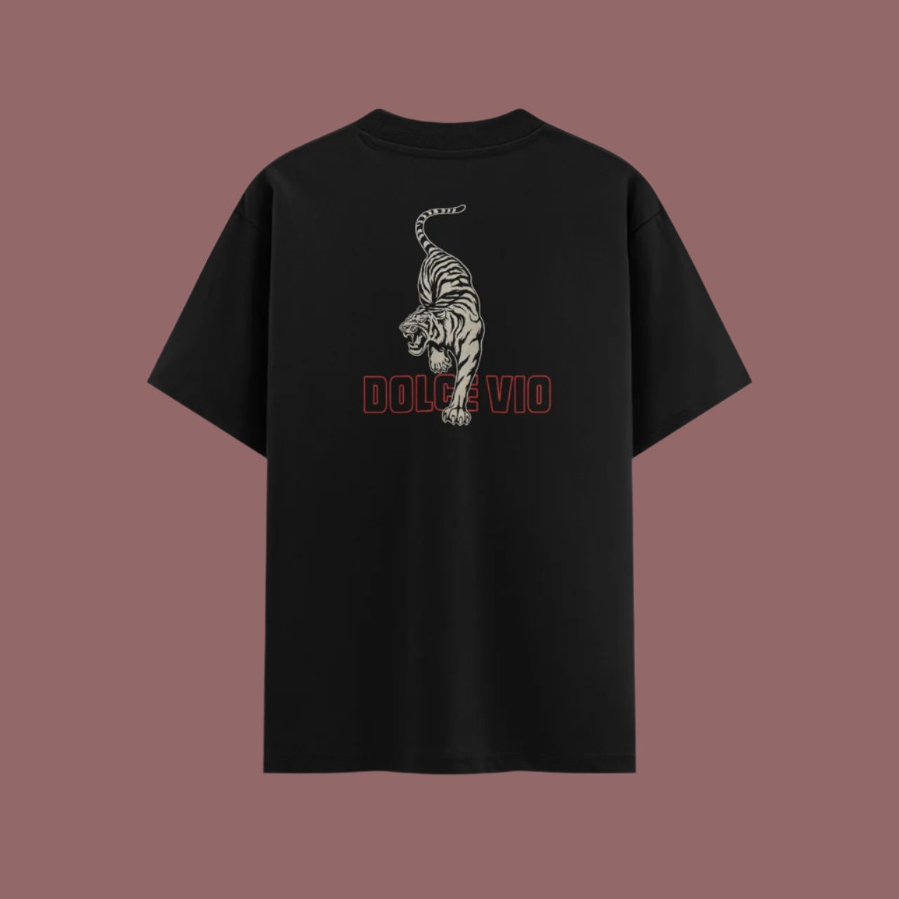 Black t-shirt with a tiger design and 'DOLCE VIO' text on the back against a brown background