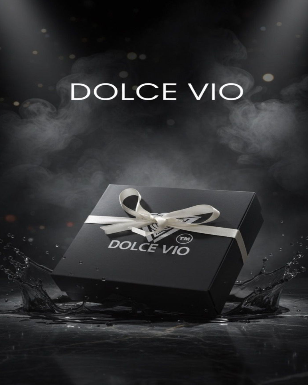 Black gift box with white ribbon and 'DOLCE VIO' branding on a dark background