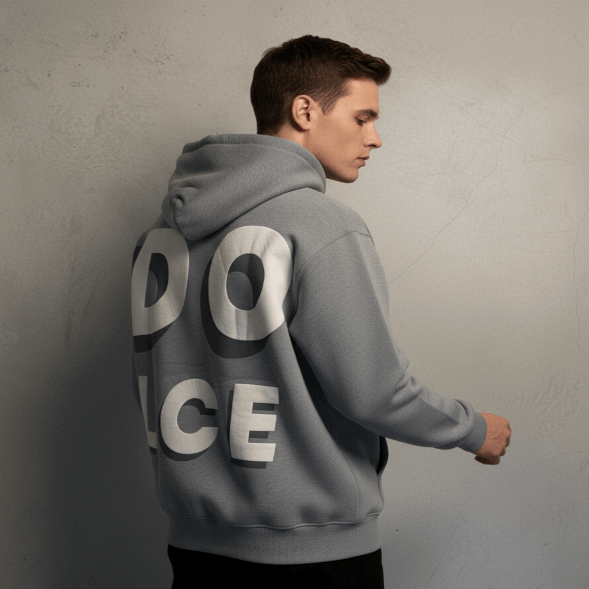 Man wearing a gray hoodie with 'DOLCE' text on the back against a plain background