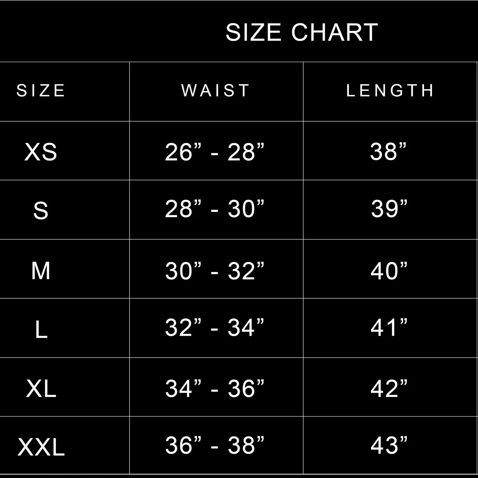 Size chart for waist and length measurements on a black background