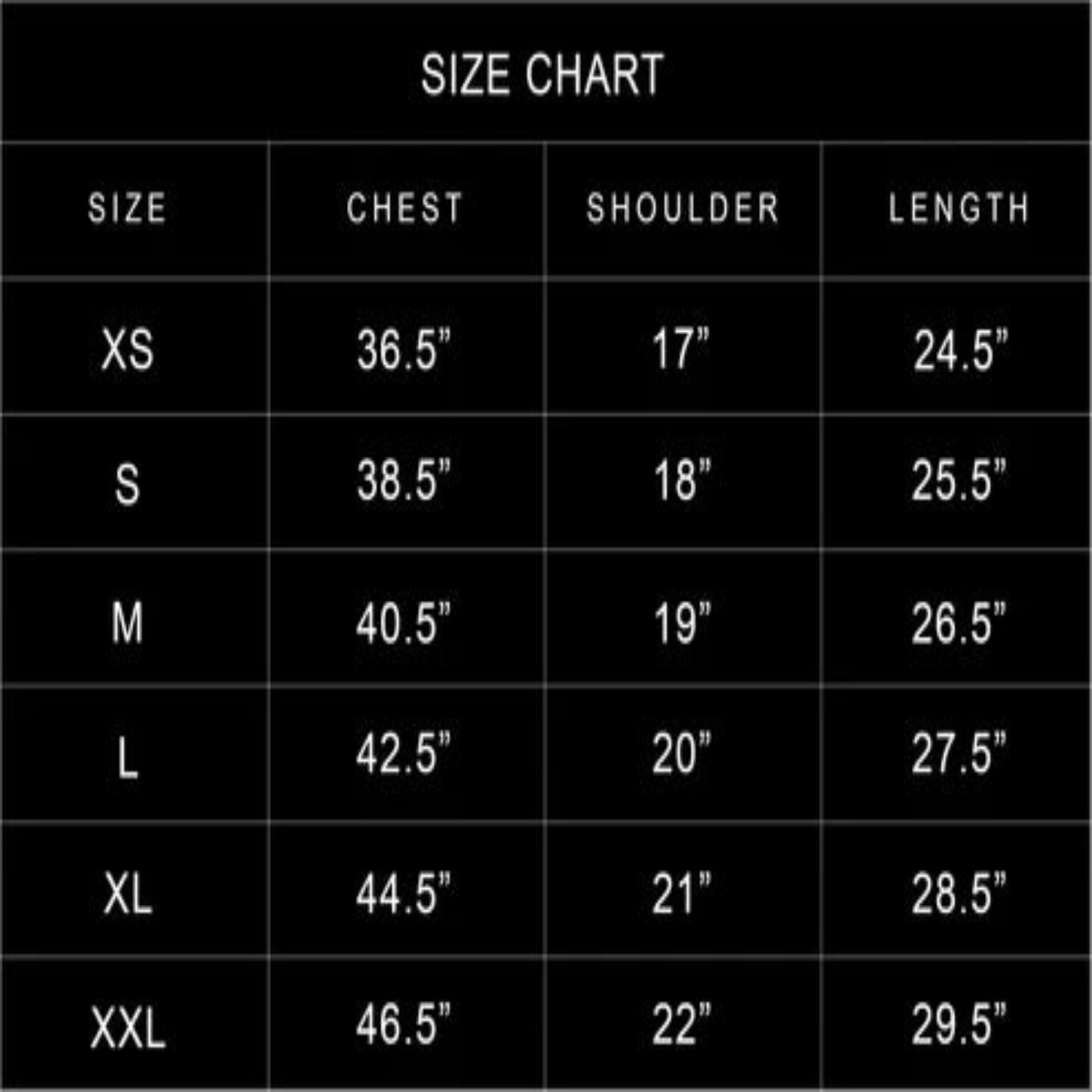 Size chart for clothing measurements on a black background